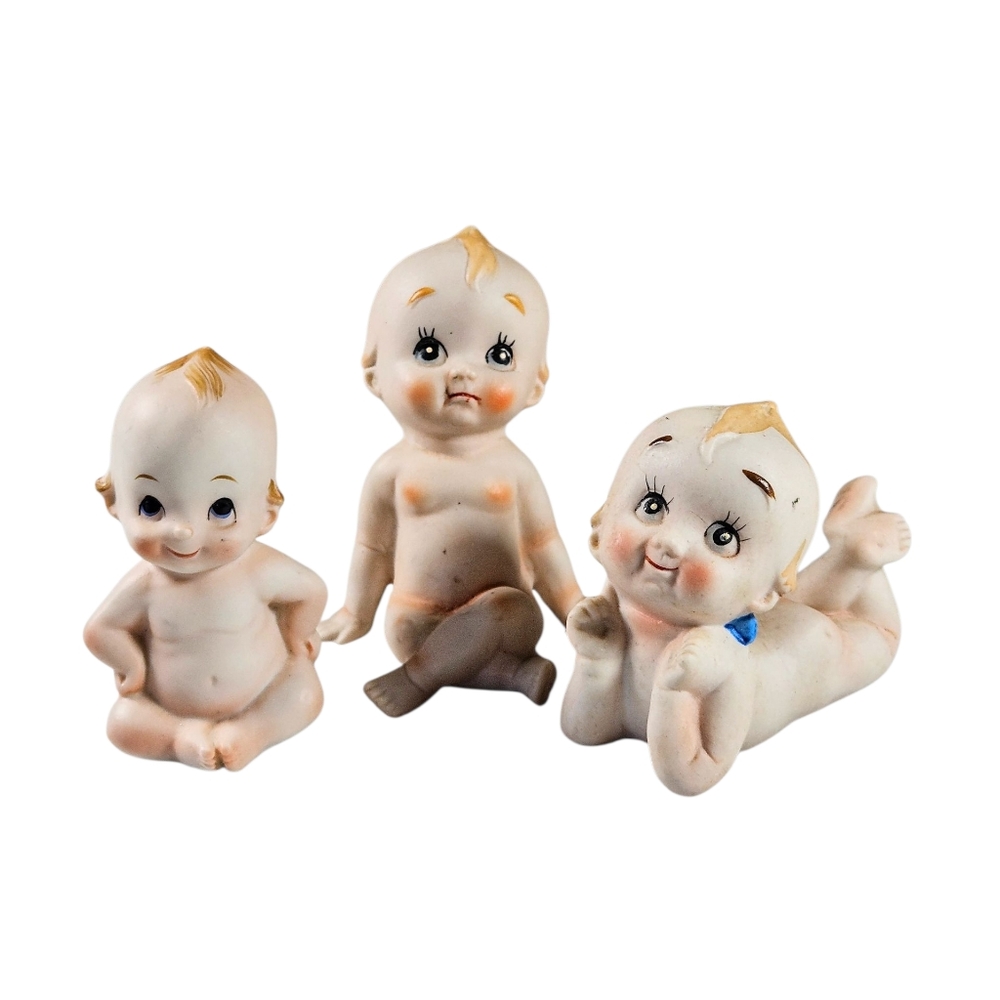 Vintage Kewpie Kelvin's Japan Bisque Piano Baby Doll Set Of 3 - 3" To 3.5"